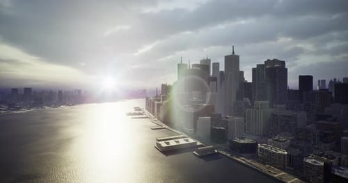 Sunset Skyline View of City with River Reflecting Light and Buildings