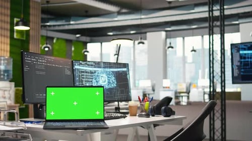 Isolated Screen Laptop in Empty AI Startup Office