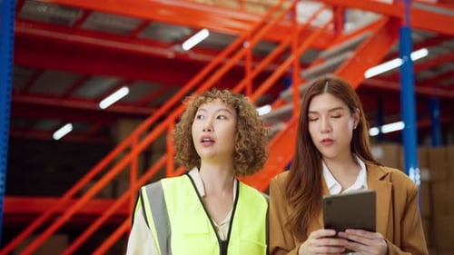 Female warehouse manager and worker reviewing inventory details