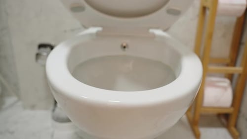 Close-Up of a White Glossy Toilet. Soft-Close Mechanism in Action.