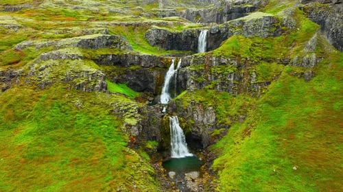 Spectacular Waterfalls in Mountains Beautiful Aerial View From Iceland in Summer Season Icelandic