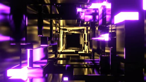 Gold And Purple Infinite Strobe Sci Fi Corridor Made Of Metal Blocks Background VJ Loop In 4K