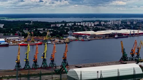 Aerial Parallax Shot of the Freeport of Riga with Cargo Cranes in Latvia