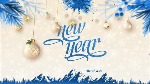 Animated New Year Greeting with Winter Ornaments and Snowy Landscape