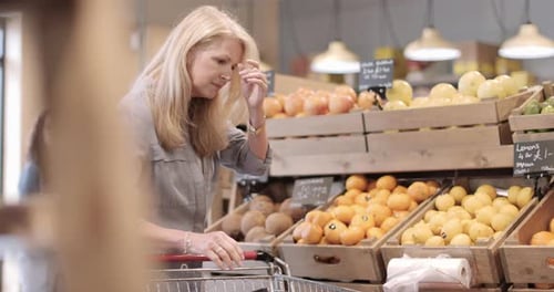 Senior female shopper buying fruit in a grocery store