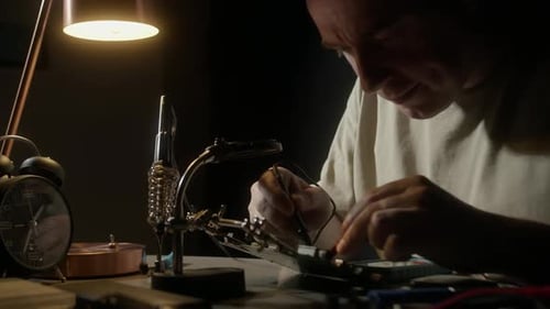 Adult Man Soldering Wires At Desk