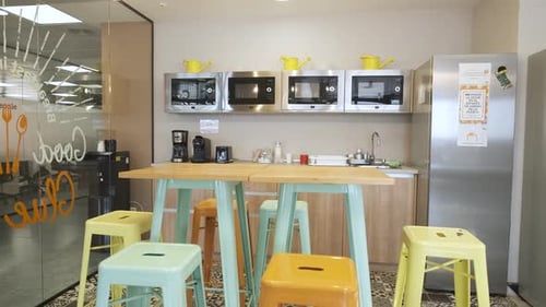 Modern Office Kitchen Interior with Furniture and Appliances