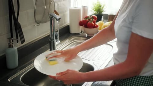 Woman Washing Dishes at the Kitchen Sink