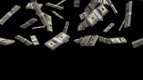 Geld fallen lassen. Geldregenanimation auf transparentem Hintergrund. Fallendes rotierendes Geld.