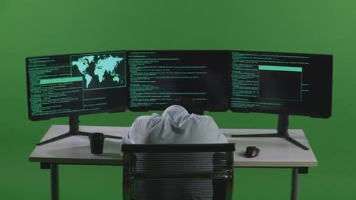 Müder asiatischer Mann schläft, während er Code mit mehreren Computerbildschirmen auf grünem Bildschirm schreibt
