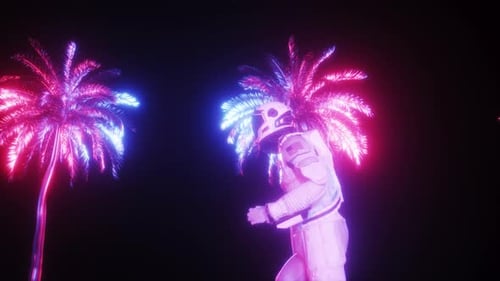 Neon Astronaut Walks Tropical Night Glowing Palms Spaceman Future Retro Sci Fi Alien. 4k Vidios