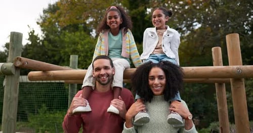 Happy family, relax and park in nature for holiday, weekend of fun bonding together outdoors