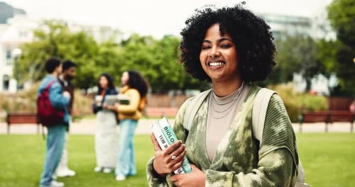 College, campus and face of woman with books outdoor for learning, education and studying