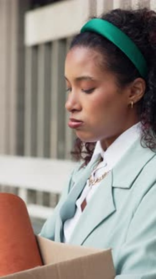 Stress, business and woman with box outdoor for work dismissal, jobless and department shutdown