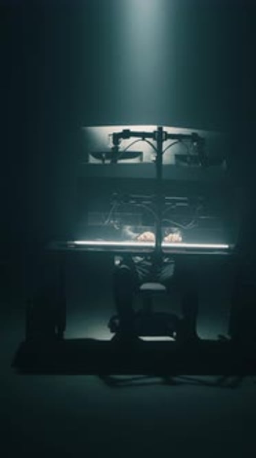 Un homme piratant dans une pièce noire sous les projecteurs