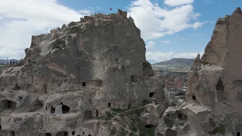 Luftaufnahme der Burg Uchisar in der Altstadt von Uchisar, Kappadokien, Türkei.