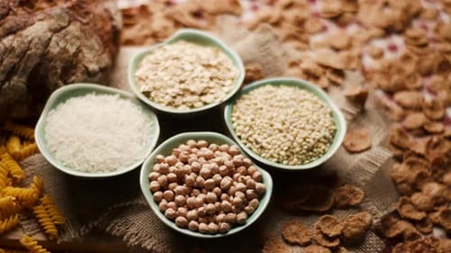 Nutritious food with chickpeas, rice, cereal and bread