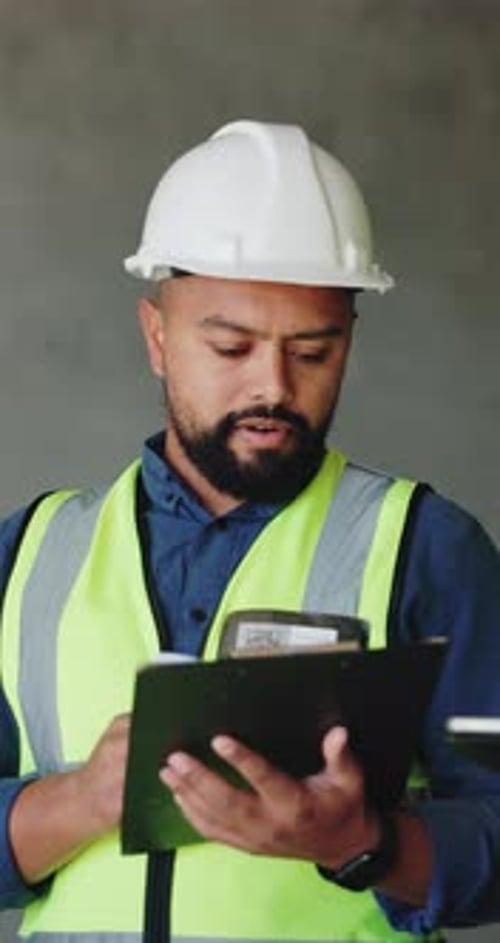 Engineering, planning and man with clipboard, construction site for building project