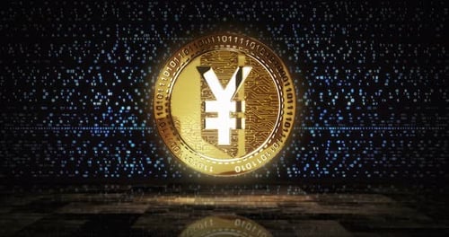 Yen Yuan cryptocurrency golden coin loop on digital screen