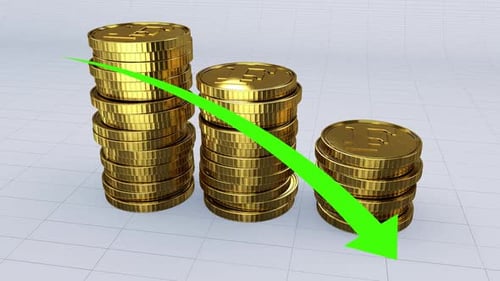 A Pile Of Franc Gold Coins With Prices Decrease