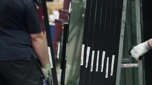 Worker Puts the Glazed Windows. Production of Packet Windows Automated