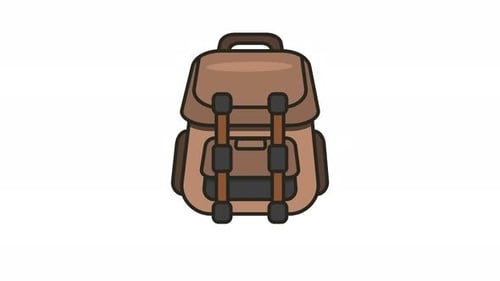 Reiseikonenanimation eines braunen Rucksacks mit Schnallen und Riemen. Looping und Alpha-Kanal