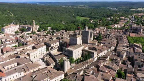 View of beautiful town of Uzes, Gard department, France. Aerial view of the historic town of Uzes, F