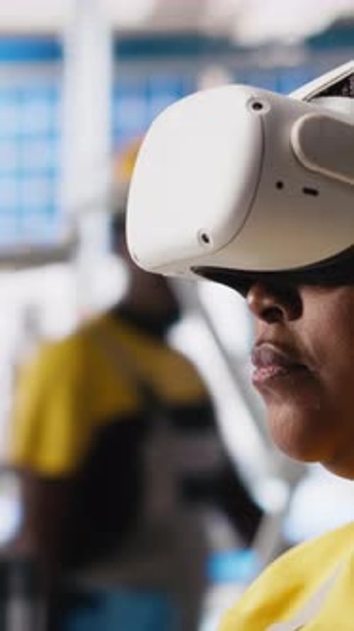 Vertical Video Black Engineer in Photovoltaics Factory Uses Virtual Reality Equipment