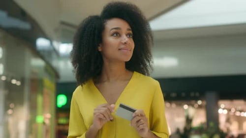 Joyful Delighted Excited Woman Walking Shopping Mall Boutique Buy Bank Card Spend Money Finance