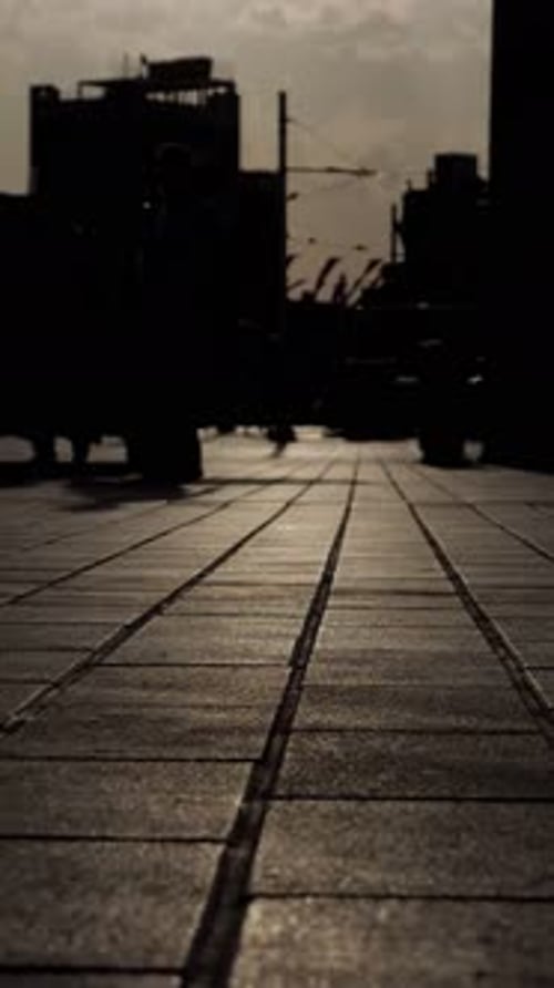 People Silhouettes Walking on City Street at Sunset
