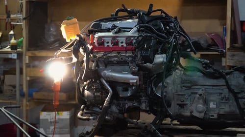 Broken Car Engine at Car Service Station Rise Car Engine Unit