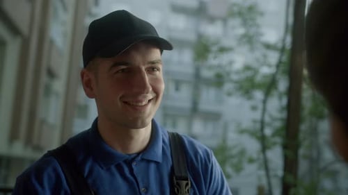 Young delivery courier man in blue shirt handling parcel boxes for sending to customer at house