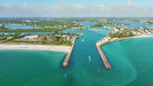 Aerial Seascape with Venice South and Nokomis North Jetty in Sarasota County USA Many Tourists