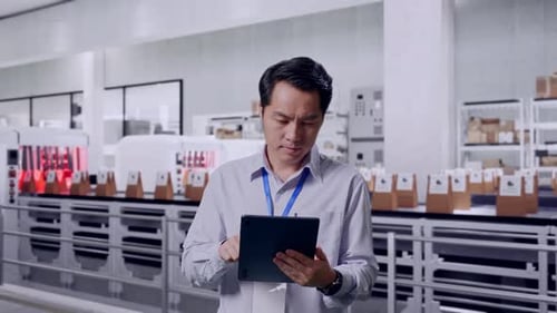 Un travailleur asiatique travaille avec une tablette dans une usine de café