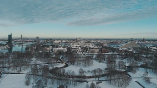 Winter Aerial View of Riga City Skyline, Ferris Wheel, Riga Castle, Old Town, Cathedral Towers