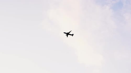 Commercial Airplane Flies in Sunny Cloudy Sky