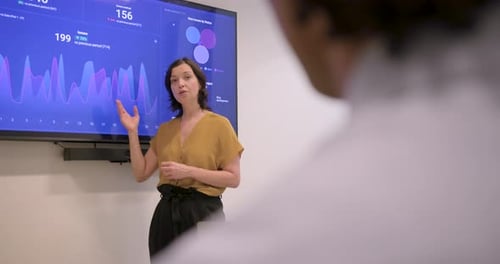 Businesswoman Presenting on screen in Modern Office Meeting room