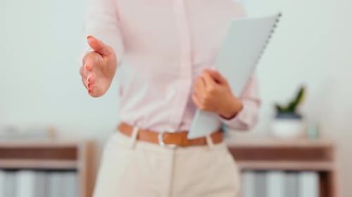 Handshake, offer and business woman in welcome, congratulations or thank you in client