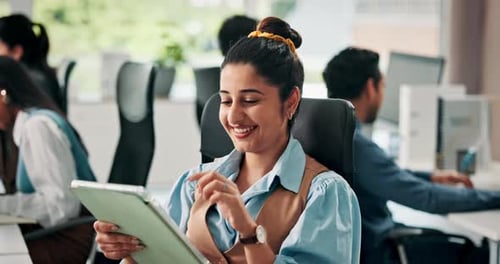 Media agency, tablet and woman with smile, internet and copywriting with story planning