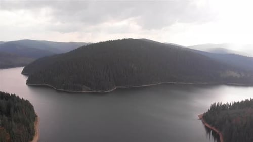 Luftaufnahme des großen Sees und der Berge, umgeben von Pinienwäldern