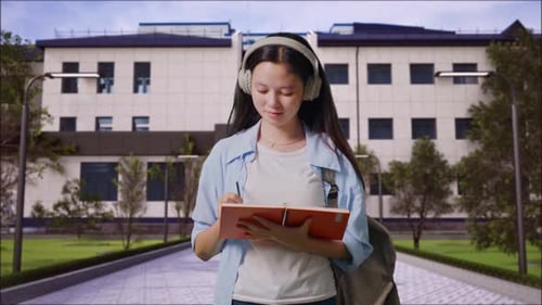 Girl Student Wearing Headphones And Taking Note On Notebook in Front of a School Building