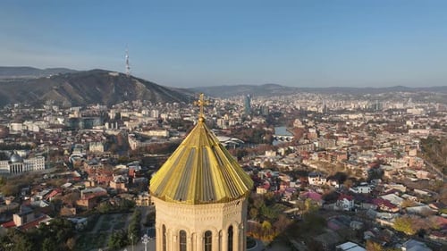 Drone view of Tbilisi city center featuring the Sameba Holy Trinity Cathedral, Georgia.