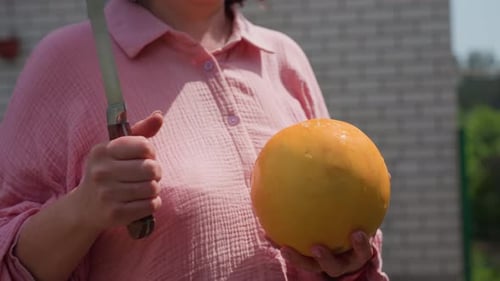 Une femme coupe soigneusement un melon jaune rond à l'extérieur dans son jardin Une femme coupe méticuleusement le jaune