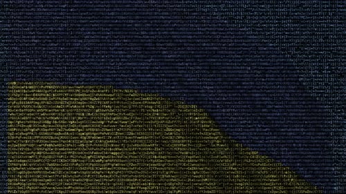 Drapeau de l'Ukraine agitant composé de symboles textuels sur l'écran