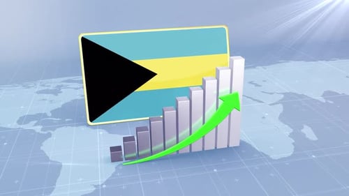 Bahamas Flag With Increasing Bar Chart Graph And Arrow Green