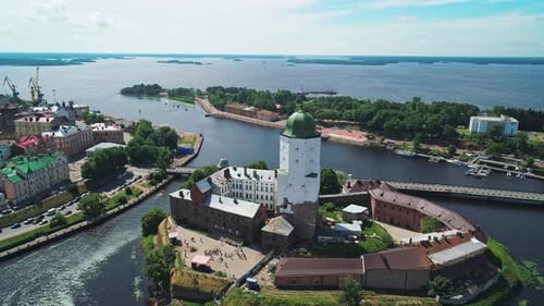 Aerial View of a Medieval Swedish Castle Fortress in Vyborg Old Town Amazing Panoramic Cityscape