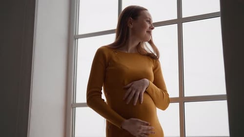Happy Pregnant Woman Expecting Baby Beautiful Affectionate Female Future Mother in Orange Dress