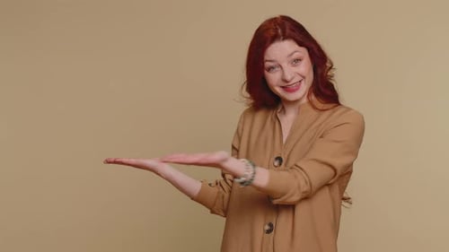 Woman Pointing Empty Place Advertising Area for Commercial Text Copy Space for Goods Promotion