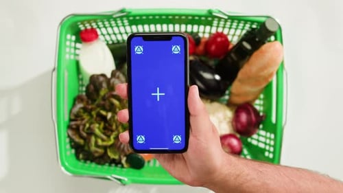 Food Shopping Delivery Online Shop Application Smartphone with Blue Chroma Key Screen and Fresh