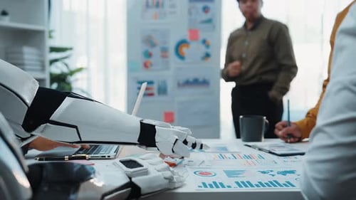 A digital office space where AI-driven solutions assist business consultants in market analysis, dem